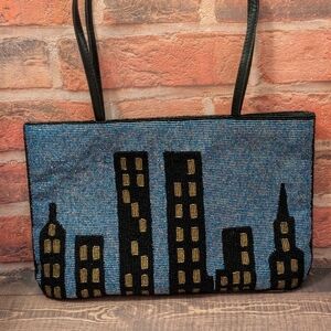 Urban Skyline Beaded Tote - Black and Blue